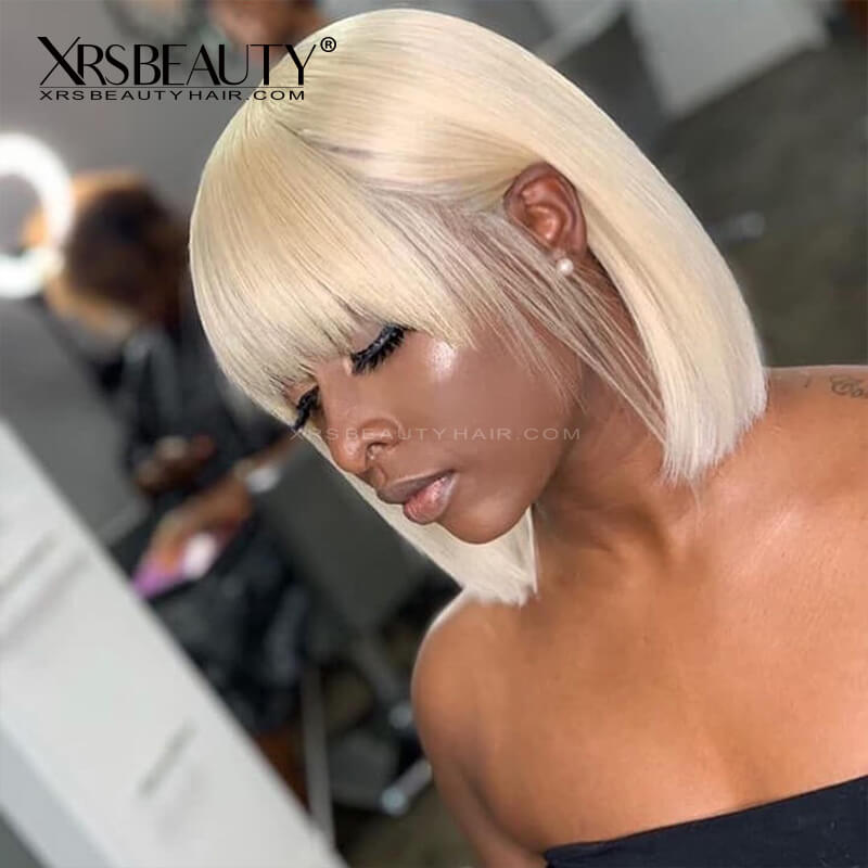 613 Blonde Bob Wig With Bangs Transparent Lace Frontal Human Hair –  Xrsbeautyhair