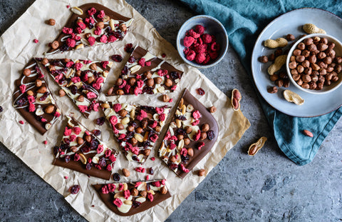 Homemade chocolate bark with freeze dried fruits and nuts 