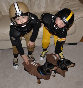 Employee, Jeanine C.'s children and dogs dressed up as football players and footballs