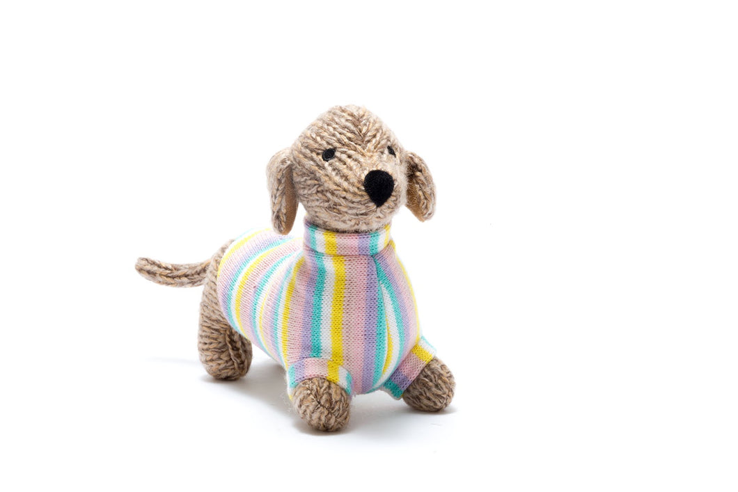 Knitted Sausage Dog Rattle - Pastel Jumper