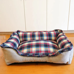 Personalized Navy Velvet Dog Bed, Classic Plaid Checked Dog Bed, Premium Dog Bed, Plush Fleece Base - CurliTail