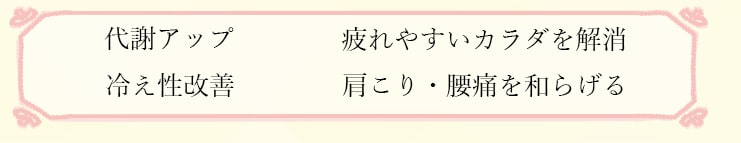 代謝アップ　疲れやすいカラダを解消　冷え性改善　肩こり・腰痛を和らげる