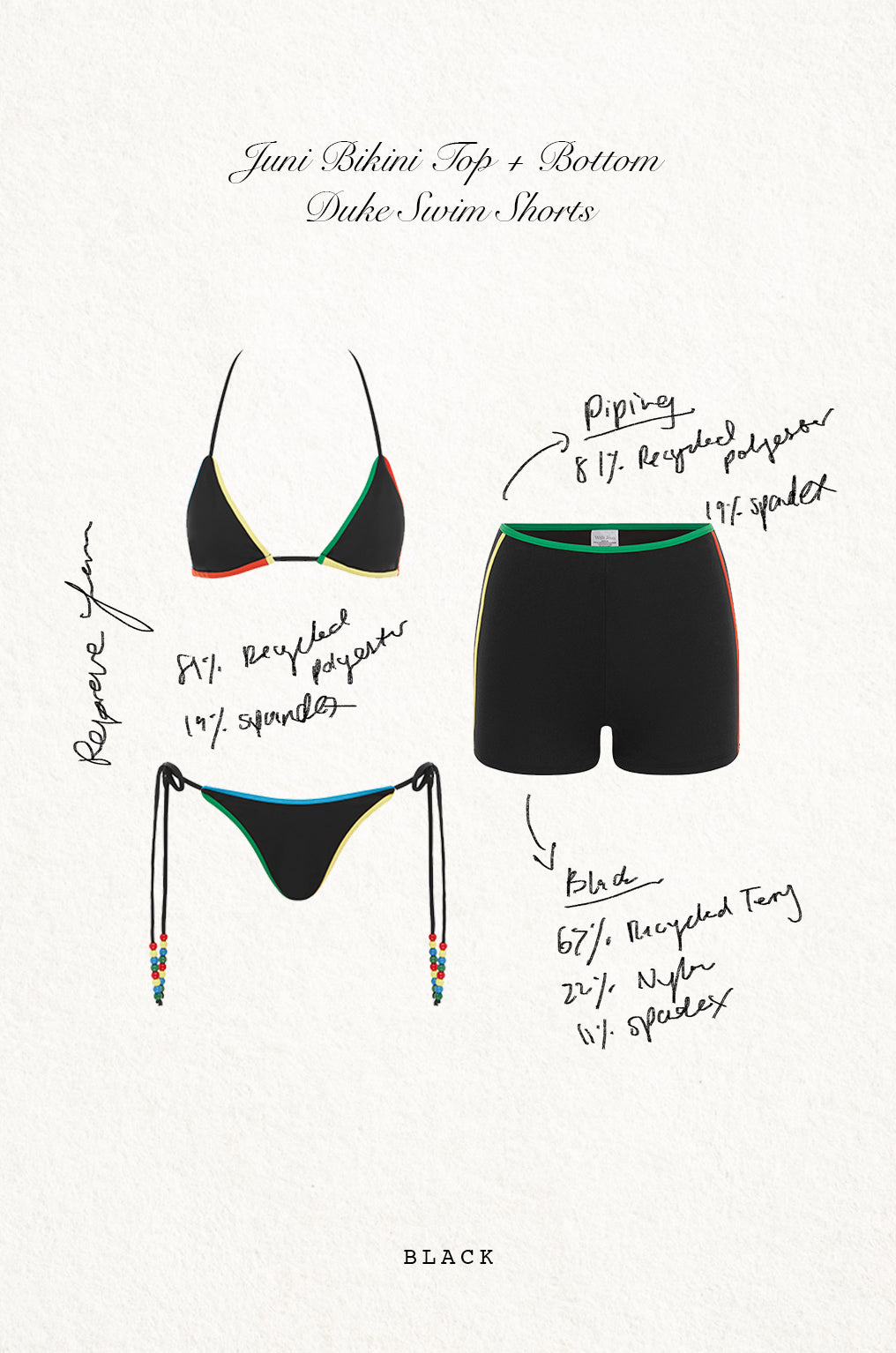 Juni Bikini Top + Bottom | Black + Duke Swim Shorts | Black