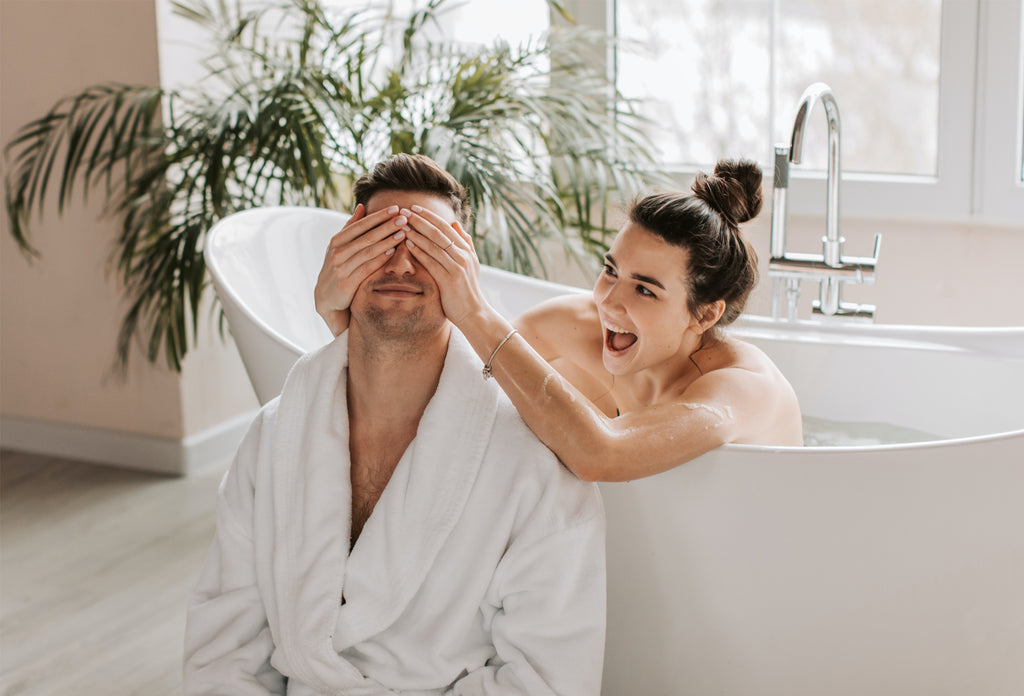 Newlyweds Enjoying a Bath: A cozy scene as the newlywed couple indulges in a relaxing bath together, embracing the start of their journey as husband and wife.