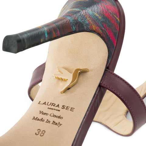 esmeralda 105 shoe, sole showing hummingbird by designer laura see london