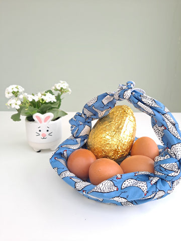 Easter basket made out of a furoshiki reusable fabric gift wrap