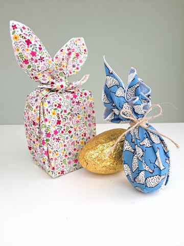 Easter eggs wrapped in furoshiki, reusable fabric gift wrap