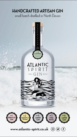 A bottle of Atlantic Spirit gin and the flavour options against a wave backdrop