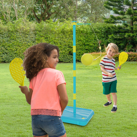 Two children playing swing ball
