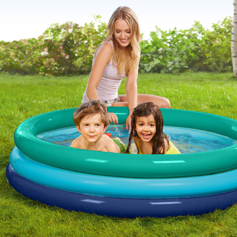 Woman and two children in paddling pool
