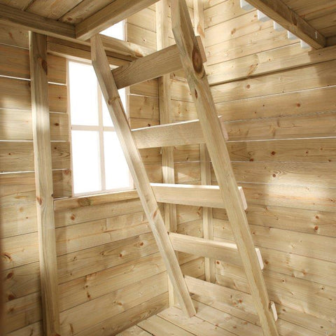 Wooden ladder on the inside of a two storey wooden playhouse
