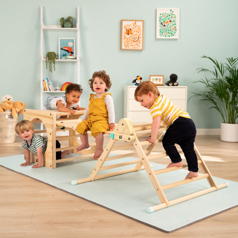 Children playing on toddler climbing frame
