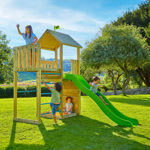 Children playing on the Skywood wooden climbing frame