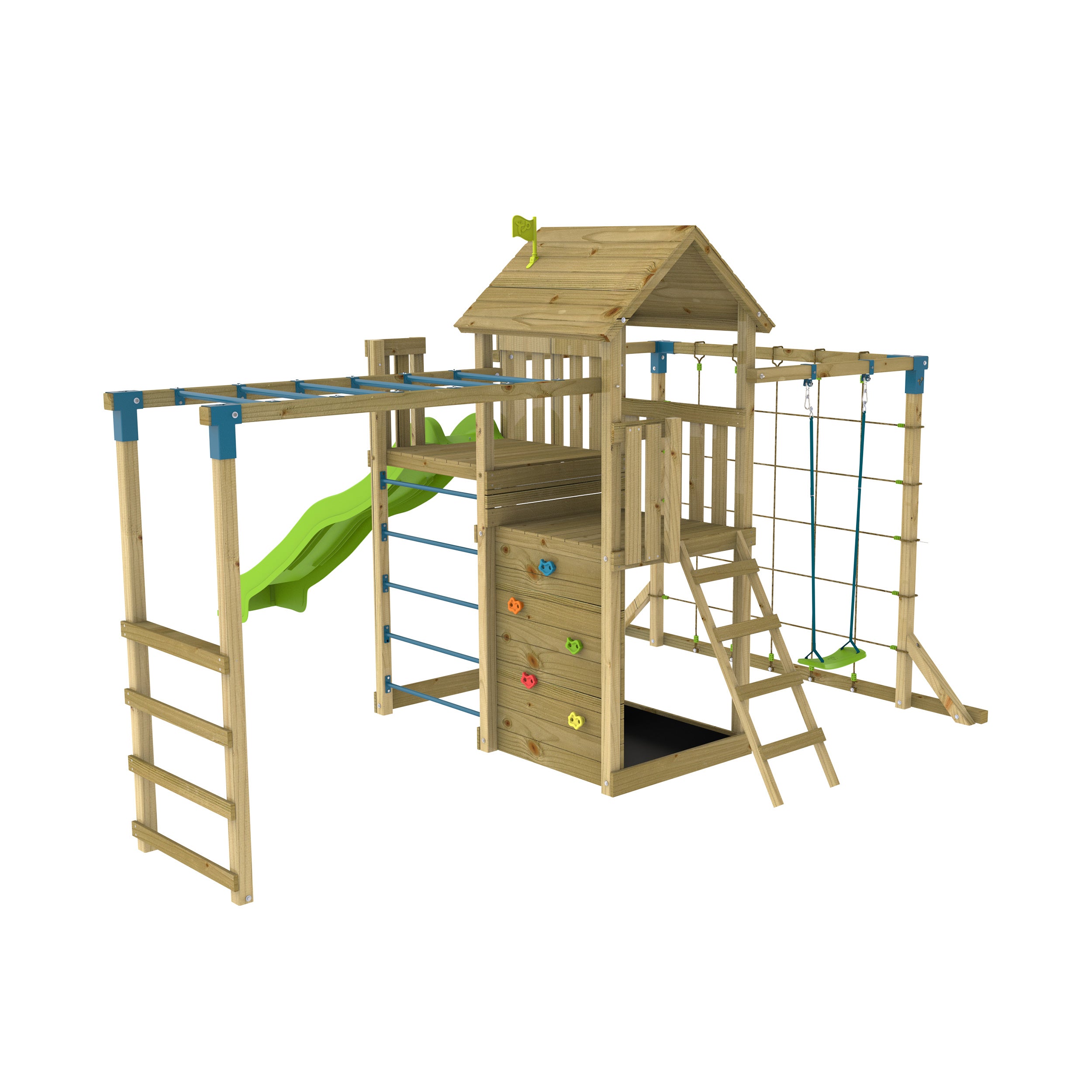 TP Skywood Wooden Play Tower with Super Wavy Slide, Sky Deck, Monkey Bars & Skyline with Rapide Swing Seat - FSC<sup>®</sup> certified