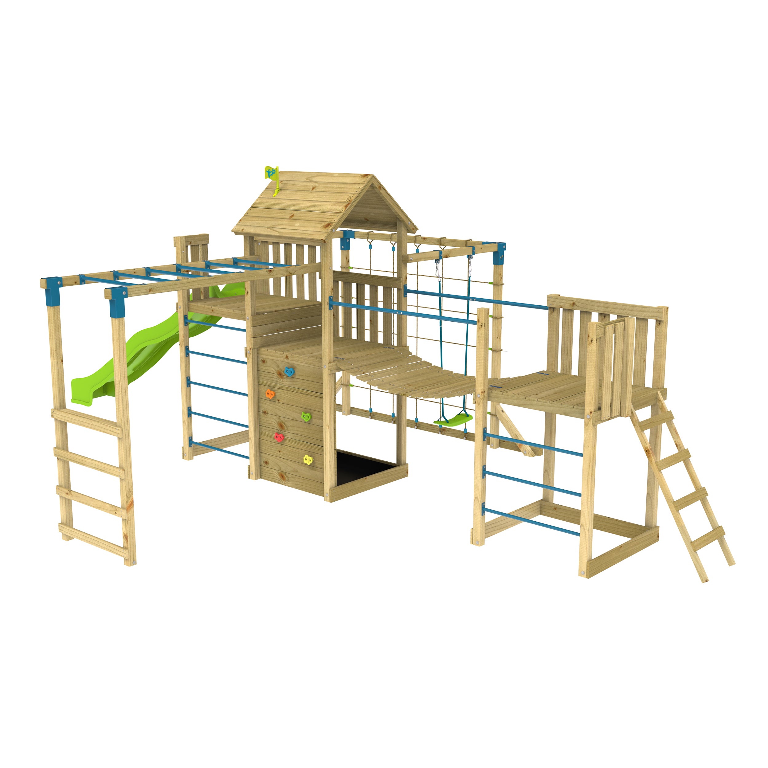 TP Skywood Wooden Play Tower with Super Wavy Slide, Sky Deck, Monkey Bars & Skyline with Rapide Swing Seat - FSC® certified