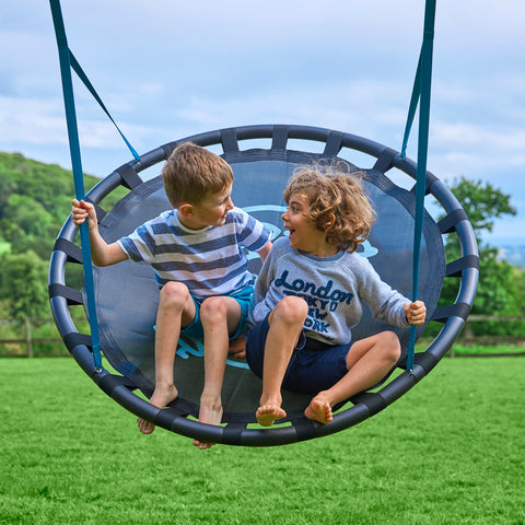 Two children playing on nest swing seat