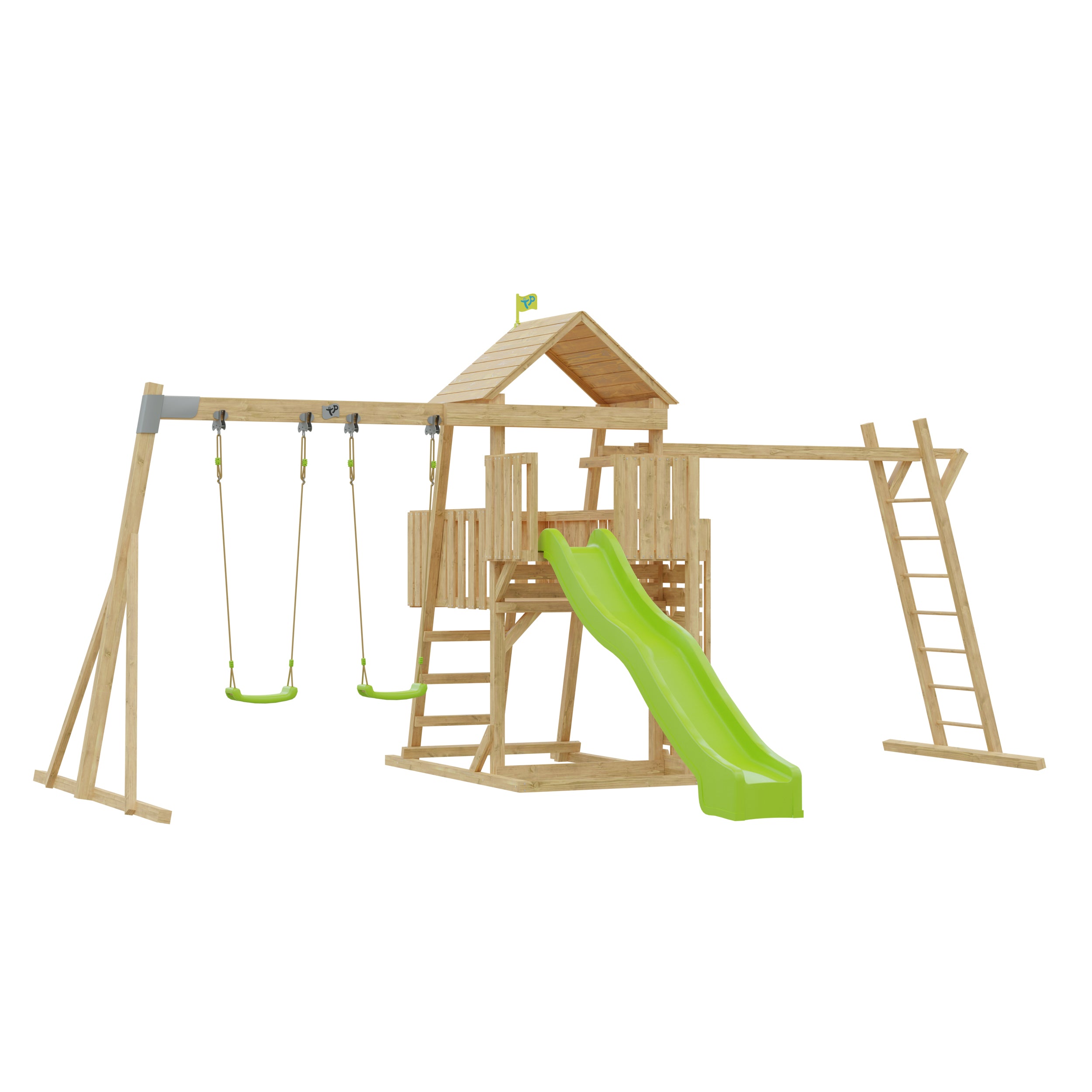 Kingswood wooden climbing frame with climbing bridge, 2 Roped swing seats & Super Wavy Slide - FSC® certified