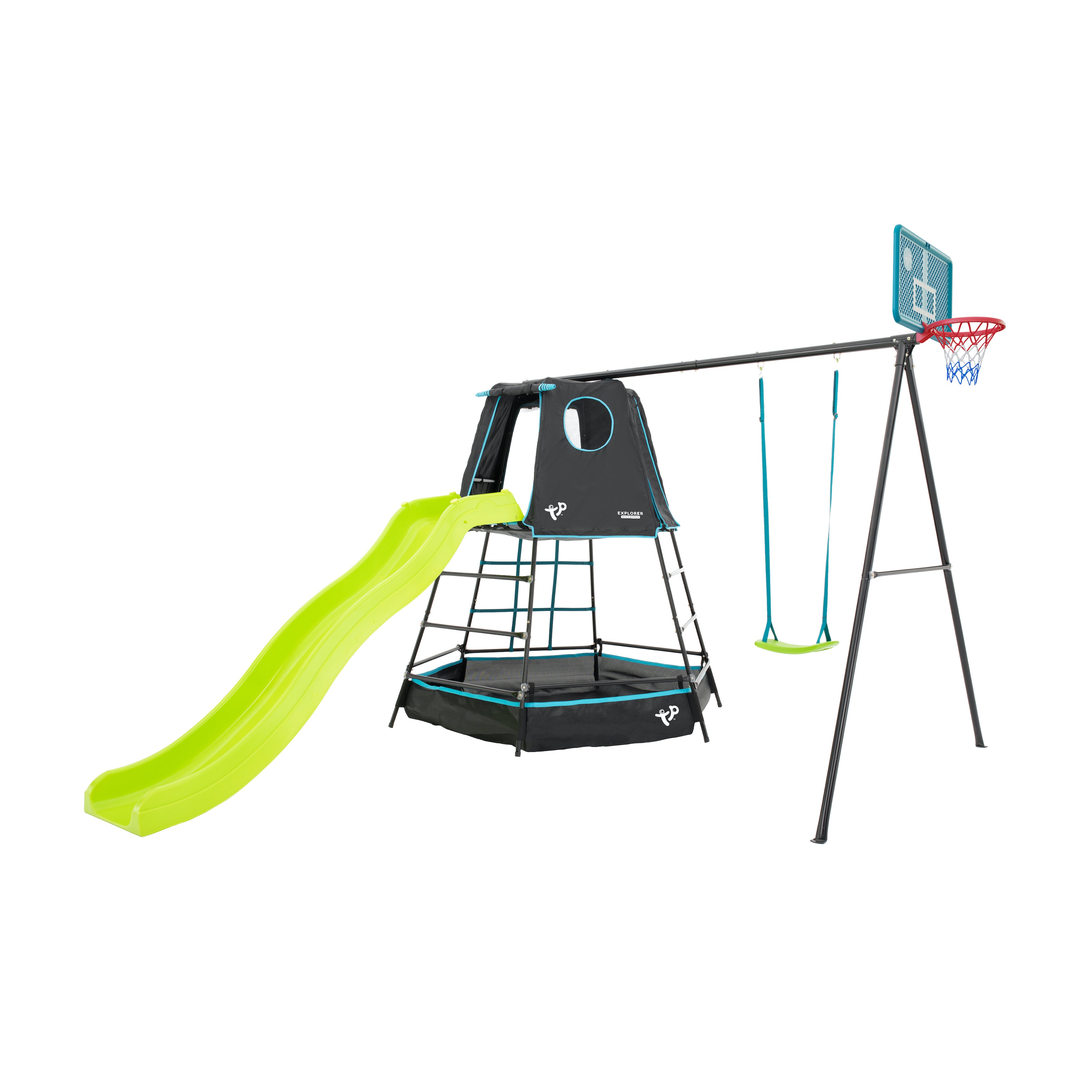 TP Explorer Metal Climbing Frame Set & Slide, Swing and Basketball Black Edition