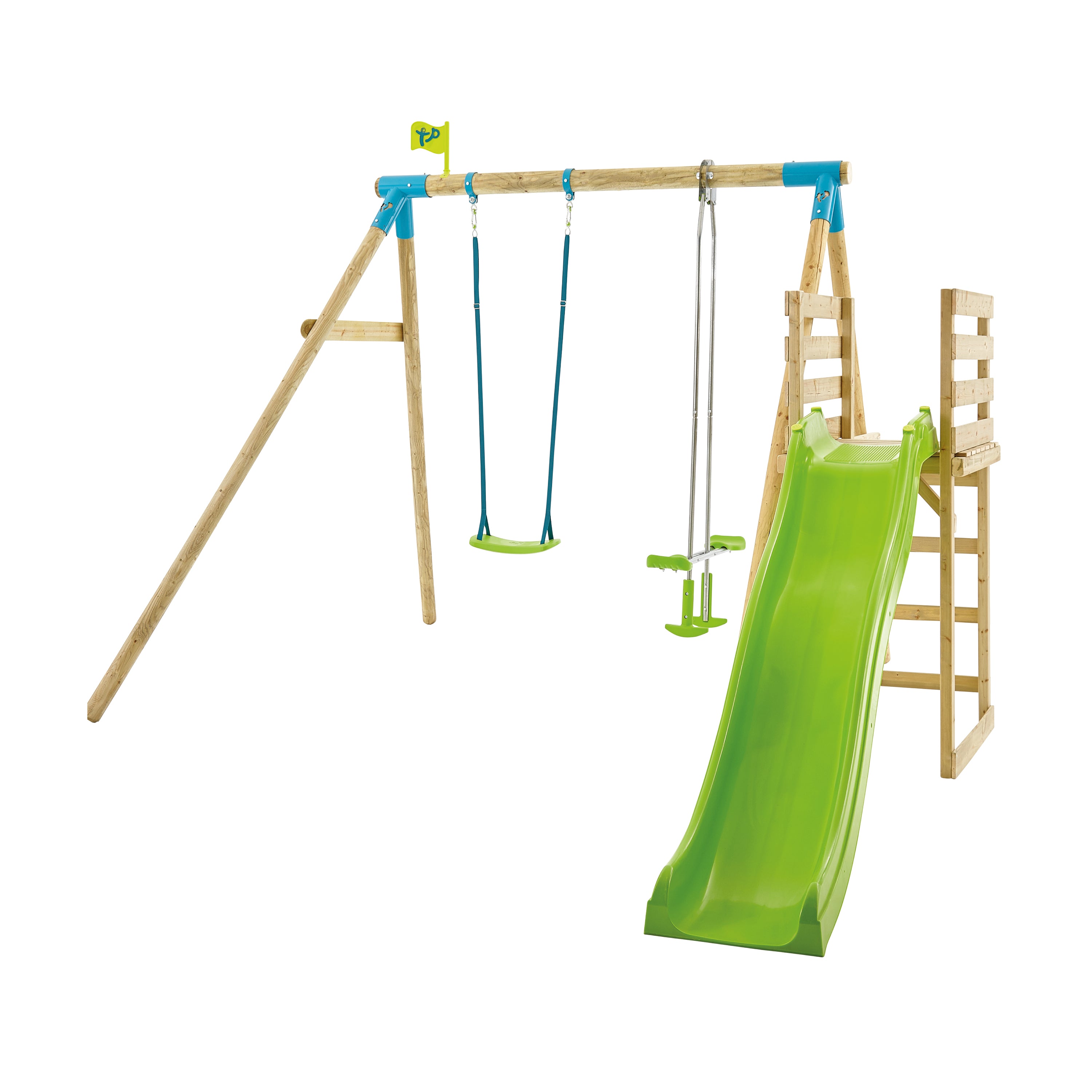 TP Kite Wooden Double Swing Set with 8ft CrazyWavy Slide - FSC<sup>®</sup> certified
