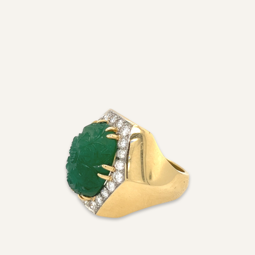 One Carved Emerald and Diamond cocktail ring