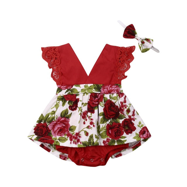 Newborn Baby Girl Clothes Lace Ruffle Rose Print Romper Headband 2 Pie