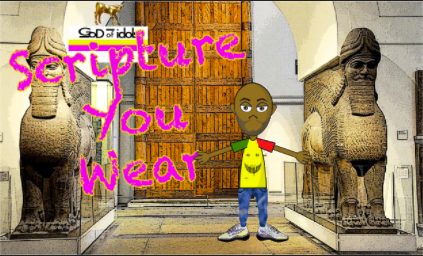 Animated character standing in front of Egyptian throne room entrance next to title of YouTube channel. "God of idols Scripture You Wear."