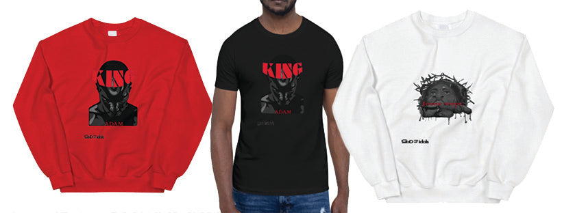 Red god of idols "King Adam" hoodie, black God of idols "King Adam" Tee, and White God of idols "Jesus wept." sweatshirt