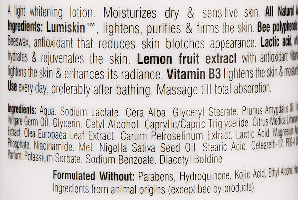 Example of an ingredients list on a whitening lotion