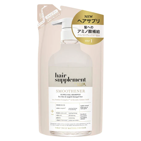 Lux Japan Smoothener Shampoo has natural ingredients, hydrolyzed soy protein, organic macadamia oil, detangles, strengthens, sulfate-free for gentle cleansing.
