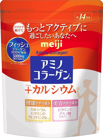 Meiji Amino Collagen Plus Calcium helps enhance your skin's collagen production and strengthen bones for overall health and vitality
