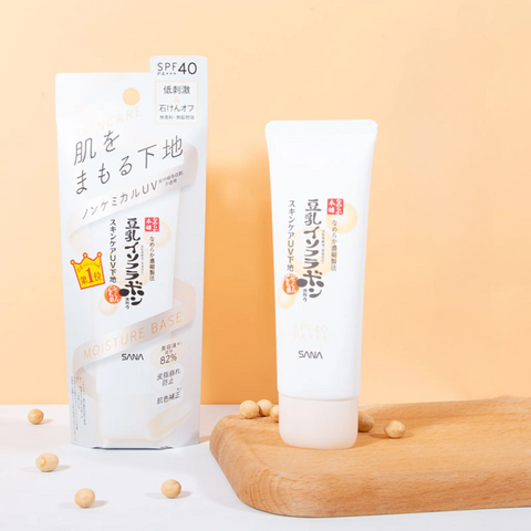 The Sana Soy Milk Moisture UV Makeup Base with SPF40/PA+++ provides moisture and sun protection, acting as a makeup base for a flawless complexion