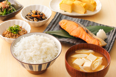 A typical Japanese breakfast menu includes main dishes like rice, miso soup,... and some side dishes