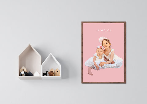 Custom sibling portrait with date of birth for nursery room - New Age Walls