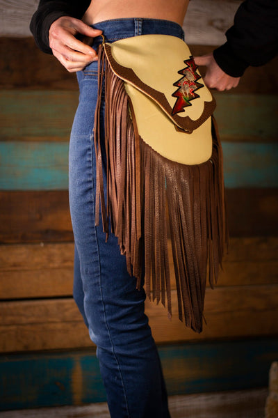 Rainbow - Dead Themed - Tooled Leather Fringe Crossbody Bag - Lotus Leather Brown with Fringe