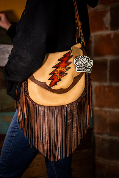 Rainbow - Dead Themed - Tooled Leather Fringe Crossbody Bag - Lotus Leather Brown with Fringe