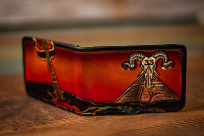 Magic Mushroom and Moonlit Mountains - Tooled Leather Wallet - Lotus Leather Black