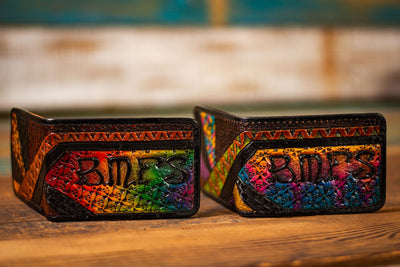 Magic Mushroom and Moonlit Mountains - Tooled Leather Wallet - Lotus Leather Black