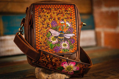 Rainbow - Dead Themed - Tooled Leather Fringe Crossbody Bag - Lotus Leather Brown with Fringe