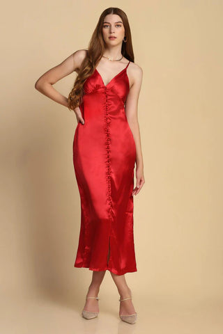 Buttoned Red Satin Dress - Starin