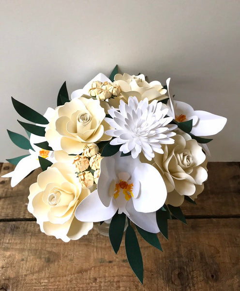 White Phalaenopsis Orchids and Cream Roses Paper Bouquet - Medium Bouquet