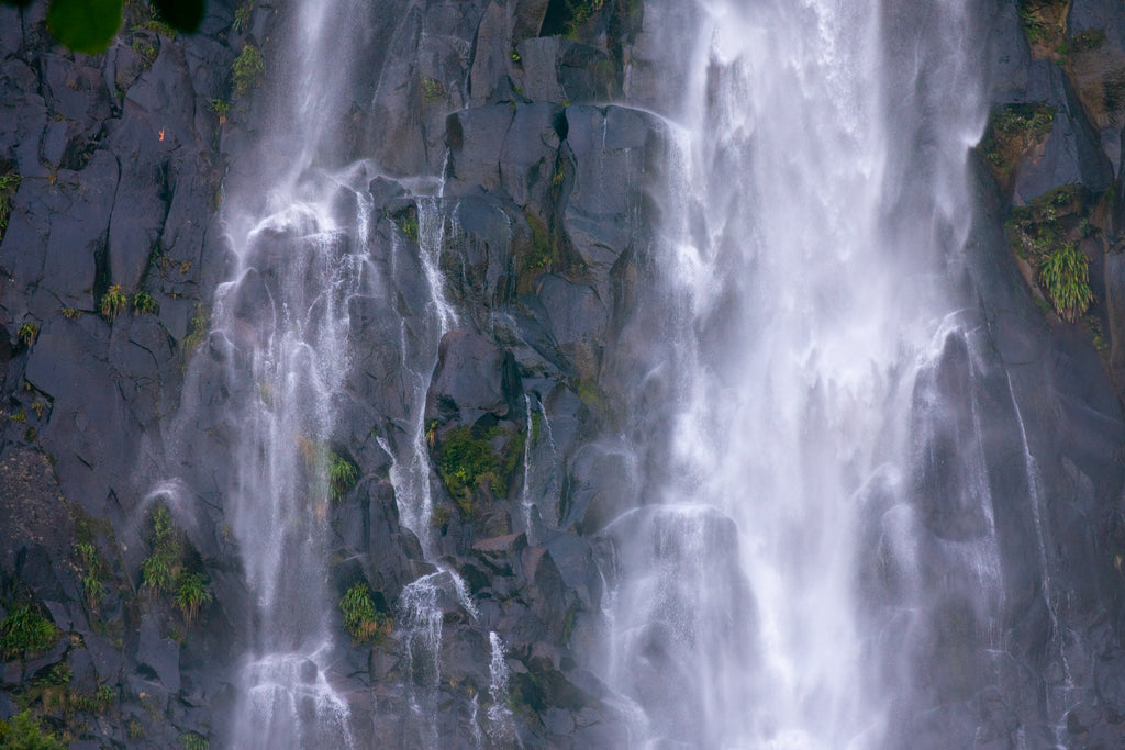 A rockface with a waterfall cascading down it's slick face, some plants clinging to the rocks.