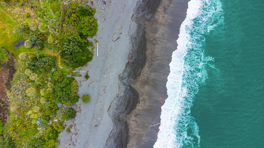 A drone shot showing a birds eye view of where the bush meets the sea in Haumoana