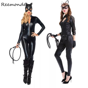Cat Women Cosplay Costumes Sexy Black Synthetic Leather Catsuit - Alt Style Clothing