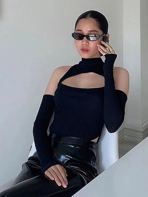 Black Hollow Out Bodysuit – Streetwear Style with High Stretch Fit - Alt Style Clothing