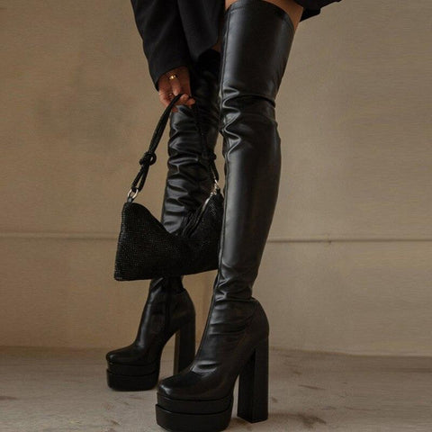 Make a Bold Statement with Our Block Heels Platform Gothic Over The Kn ...