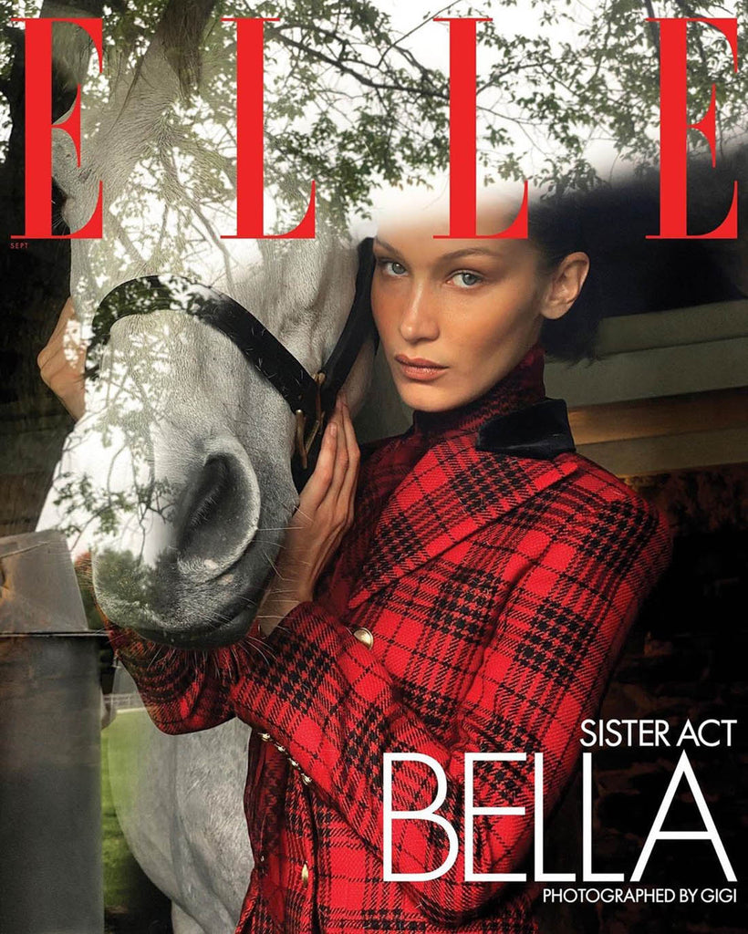 For the cover story, the American top model Bella Hadid poses for her sister Gigi Hadid on the family farm in Bucks country. Elle US September 2020