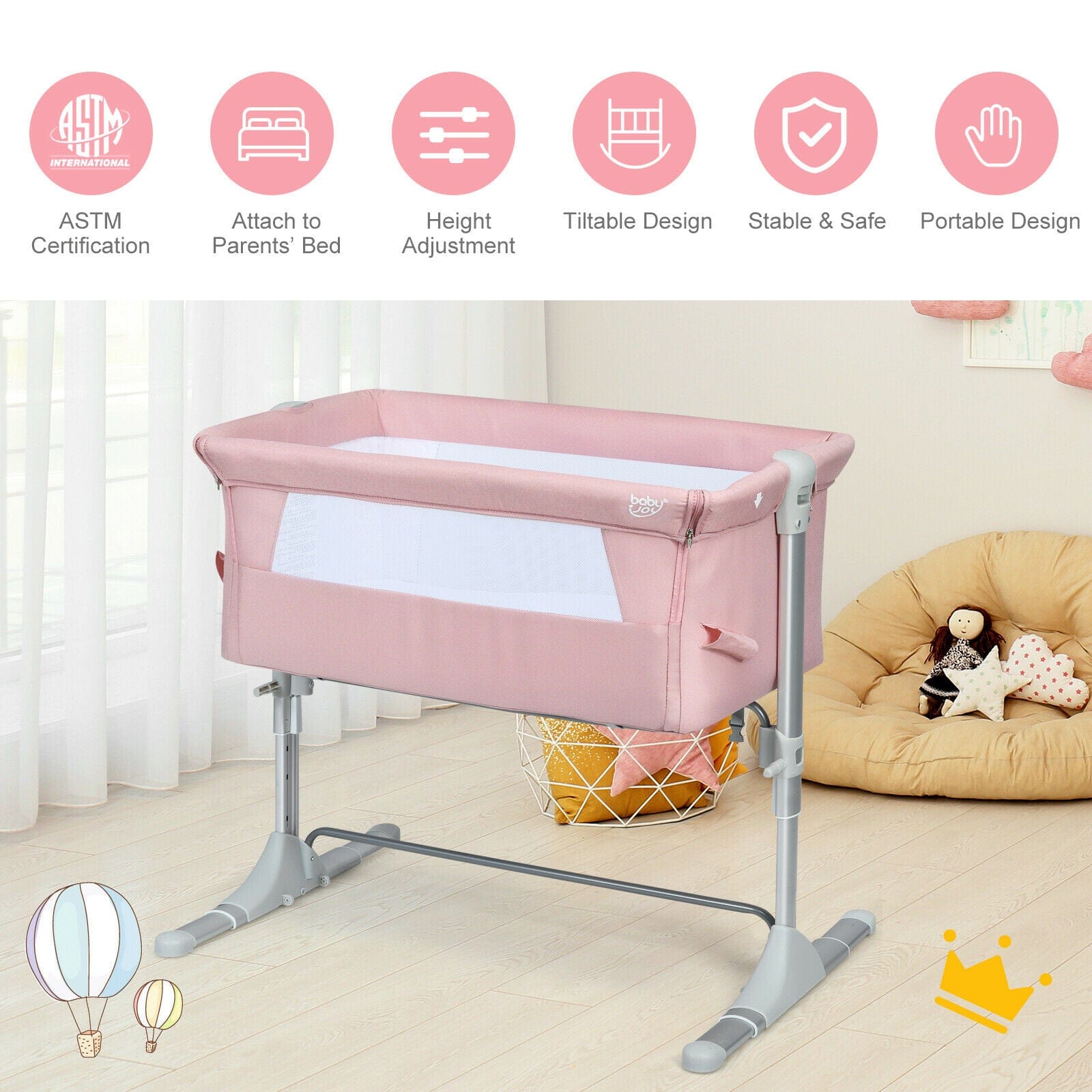 Babyjoy Baby Bedside Crib I Portable Bed Side Bassinet with Carrying B