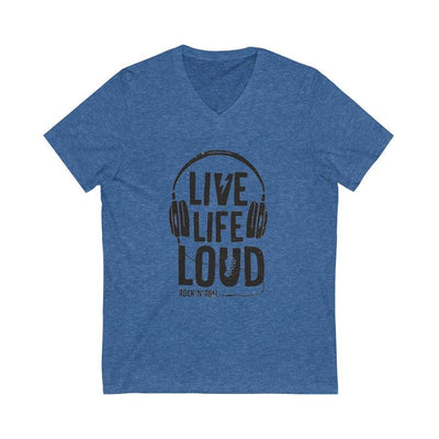 Live Life Loud Unisex V-Neck Tee-Printify-10005,Beautiful,Cotton,DTG,Fun,Headphone,Life,Live Life Loud,Loudly,LR#10005,Men's Clothing,Music,Music lover,Regular fit,Rock & Roll,Unisex T-shirt,Unisex V-neck T-shirt,V-neck,V-neck T-shirt,V-Neck Tee,Women's clothing