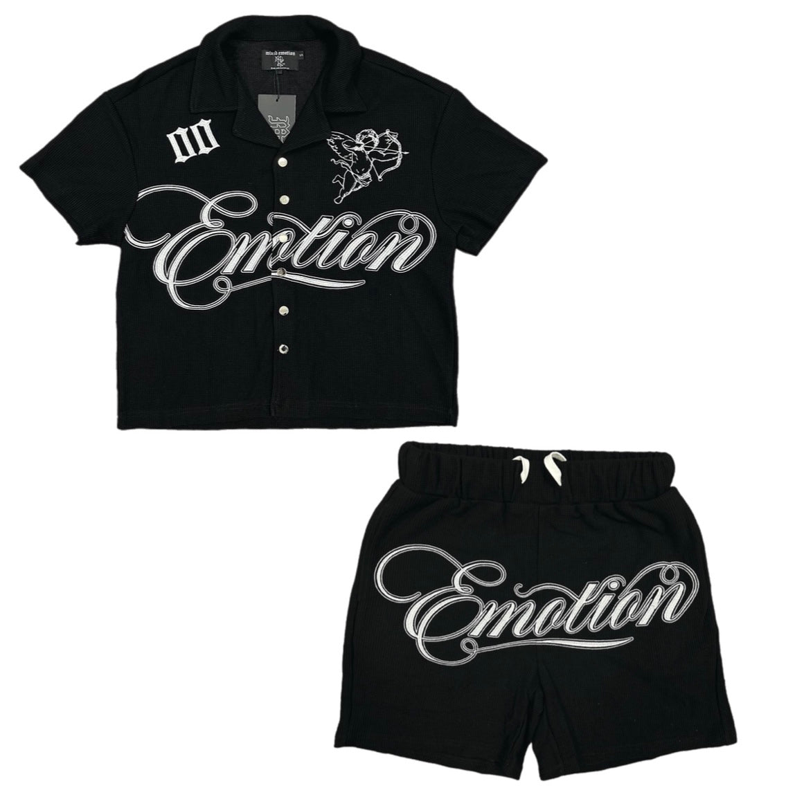 Mix emotion Black Signature Button Up Short Set