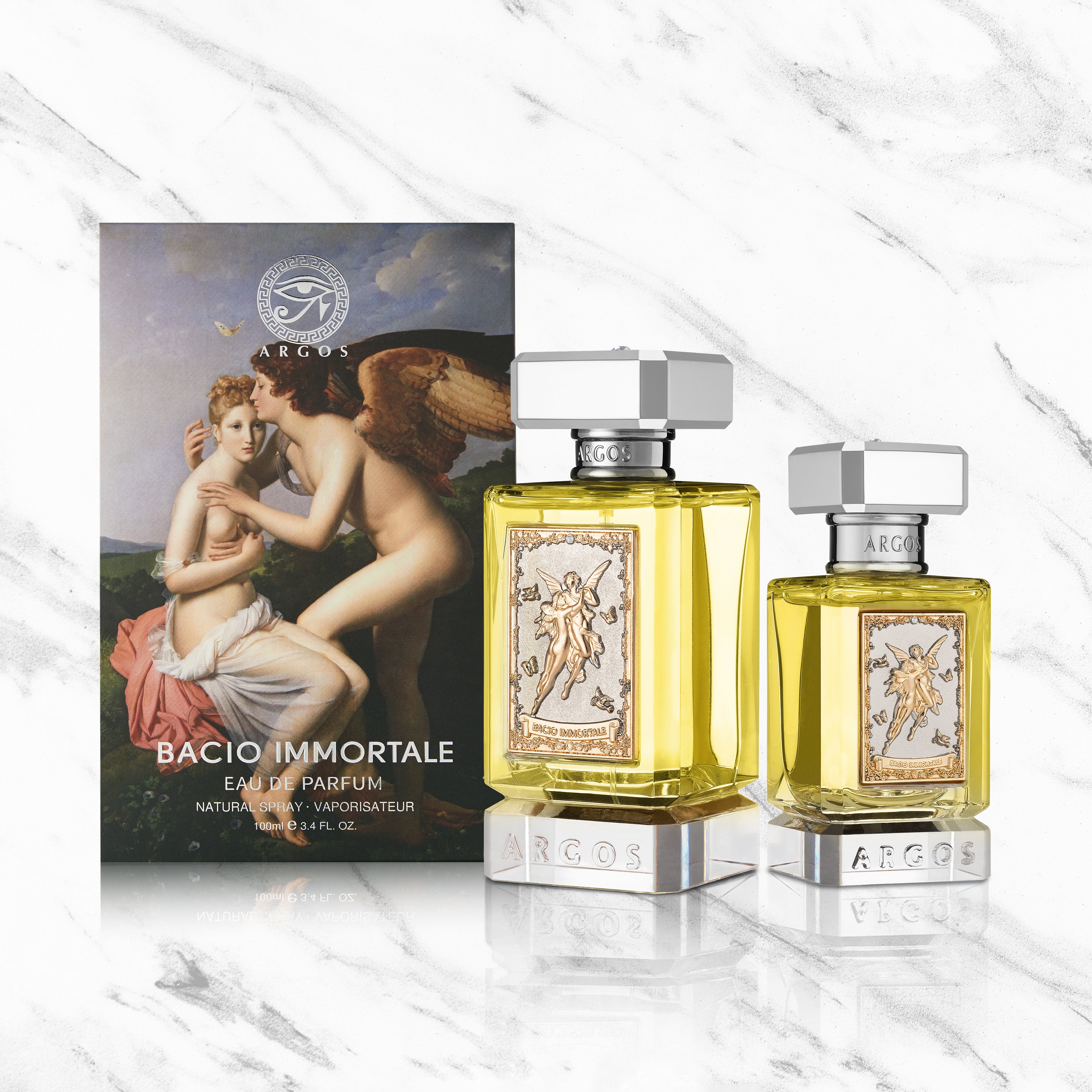 Argos Bacio Immortale 100ml 30ml Bottles with Box and White Marble Background